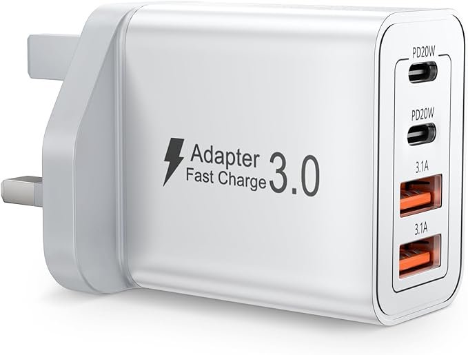 USB C Plug Fast Charger 40W 4 Port with Dual PD 3.0 & QC Multi Phone Charger Adapter UK