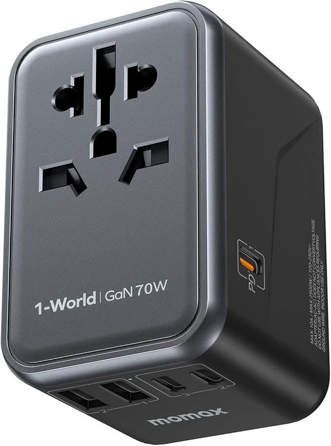 MOMAX Universal Travel Adapter,70W GaN Travel Plug Adapter with UK/EU/AU/US Plugs