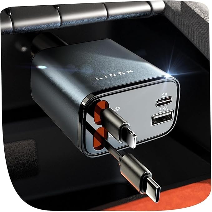 LISEN Retractable Car Charger Adapter 69W Cigarette Lighter USB Charger